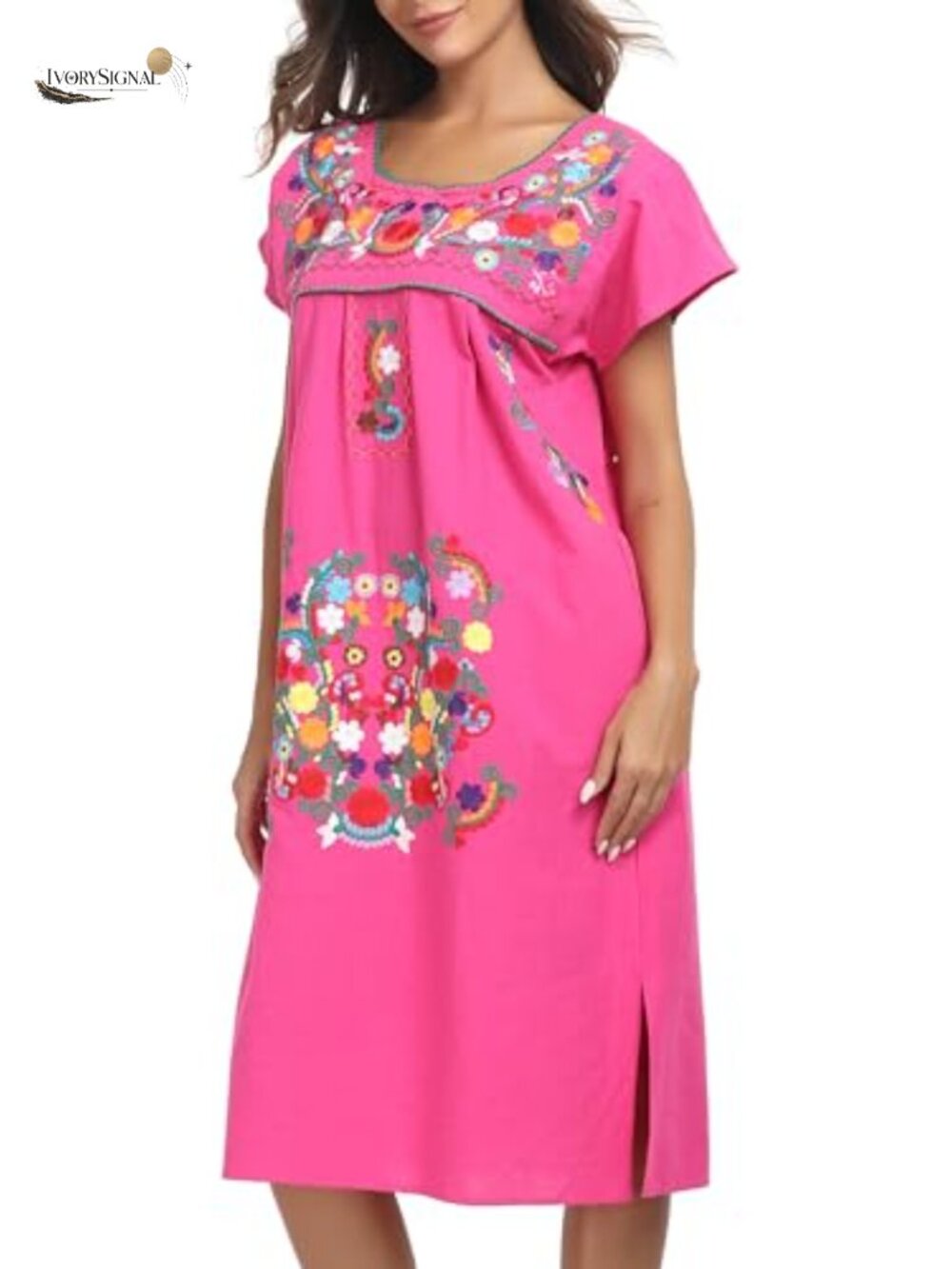 Women Cotton Embroidered Mexican Peasant Maxi Dress Ruffle Boho Summer